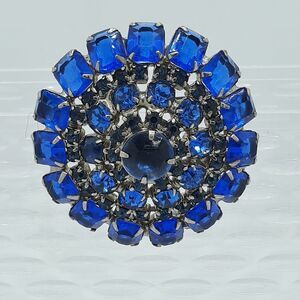 Vintage Domed Shades Of Blue 2" Cluster Rhinestone Brooch Pin Unsigned XLNT
